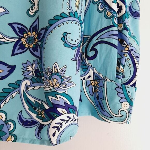 TALBOTS | Floral Paisley Utility Sleeve Buton Down Shirt Blue Sz L P - Picture 5 of 12